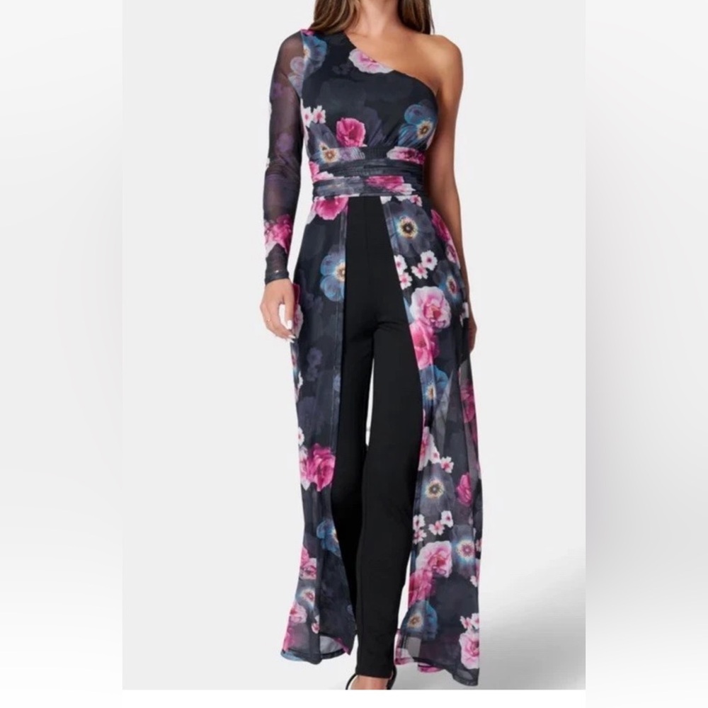 NWT Bebe One Shoulder Mesh Floral Catsuit Jumpsuit Maxi Dress XXS Waist 24”